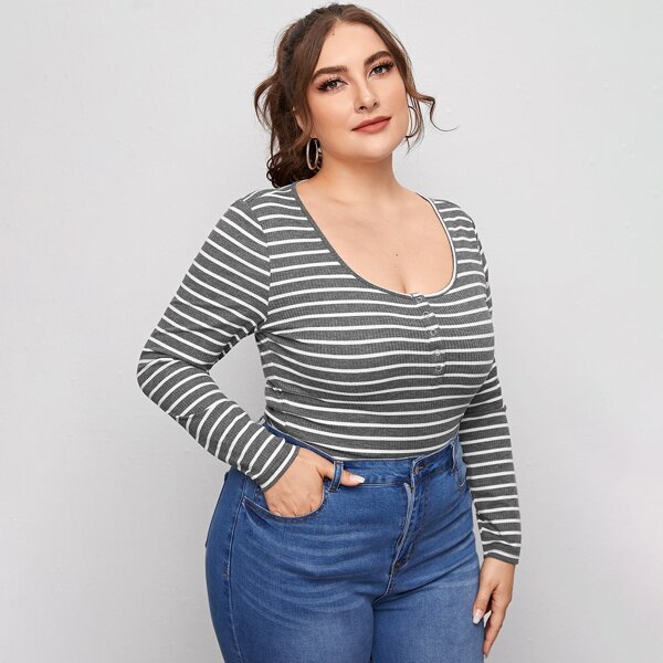 

Plus Striped Scoop Neck Slim Tee, Grey
