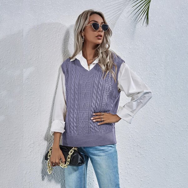 

Cable Knit Solid Sweater Vest, Violet purple
