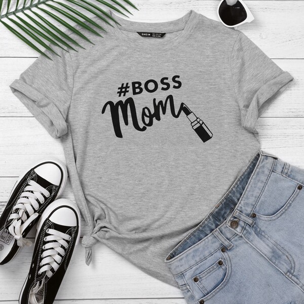

Letter & Lipstick Print Round Neck Tee, Grey