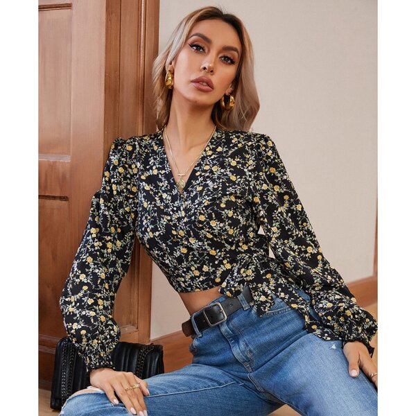 

Ditsy Floral Wrap Crop Blouse, Multicolor