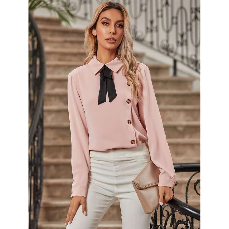 

Tie Neck Button Front Blouse, Baby pink