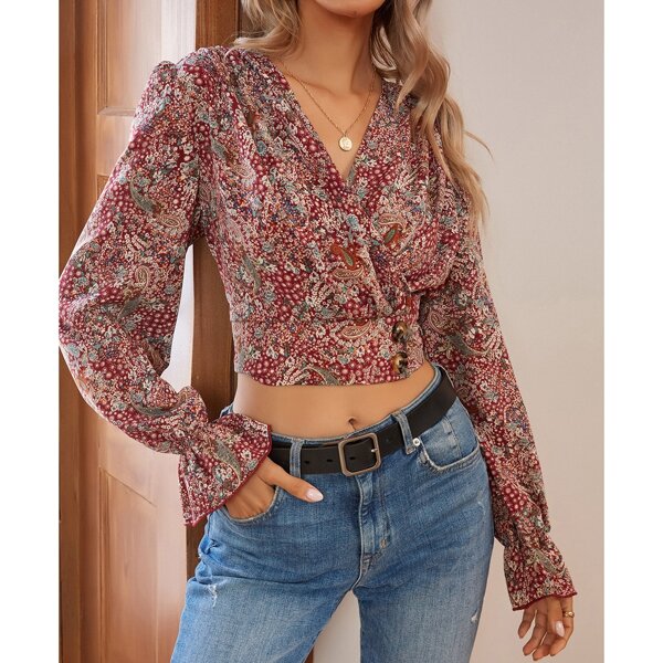 

Paisley Print Wrap Crop Blouse, Multicolor