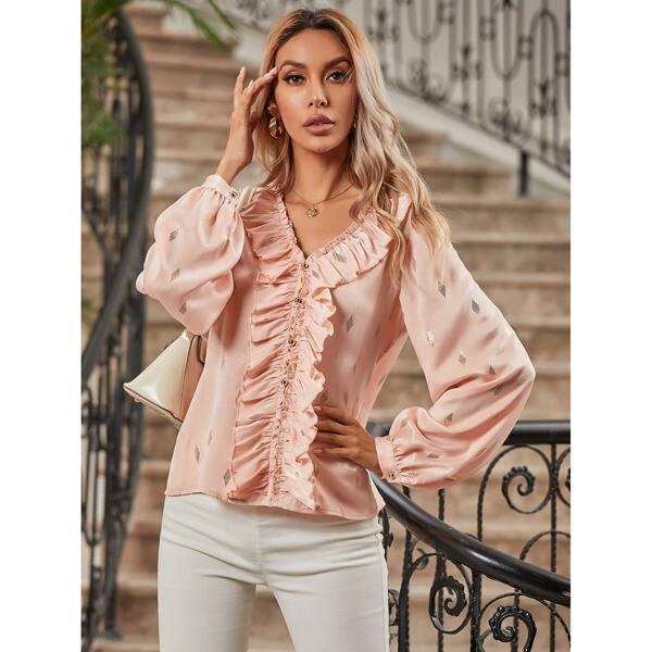

Foil Print Ruffle Trim V Neck Blouse, Baby pink