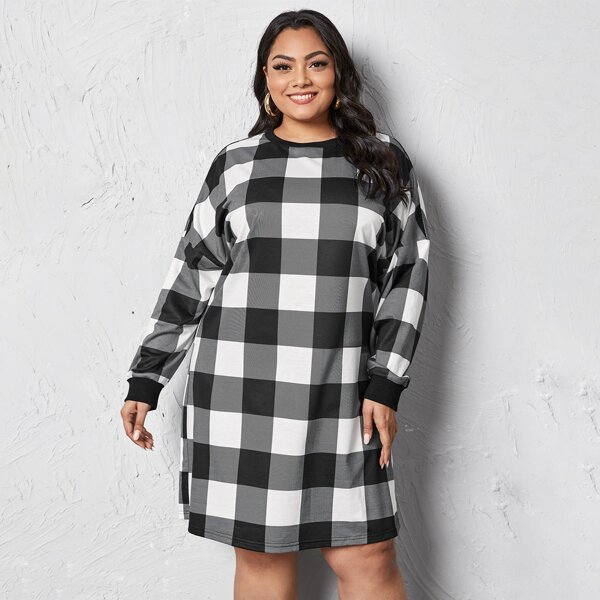 

Plus Buffalo Plaid Drop Shoulder Tee Dress, Black and white