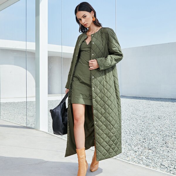 

Button Up Padded Longline Coat, Army green