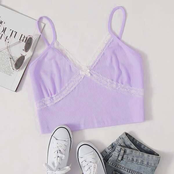 

Plus Lace Trim Crop Cami Top, Lilac purple