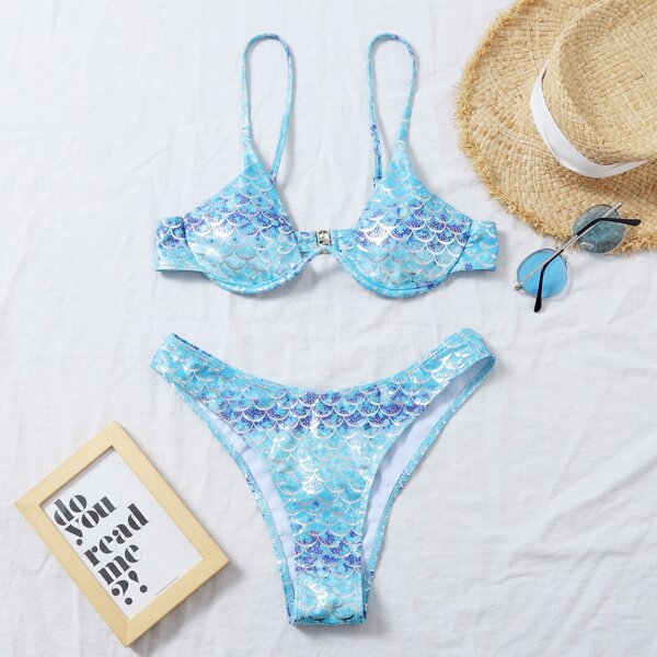 

Fish Scale Print Underwire Bikini Swimsuit, Pastel baby blue