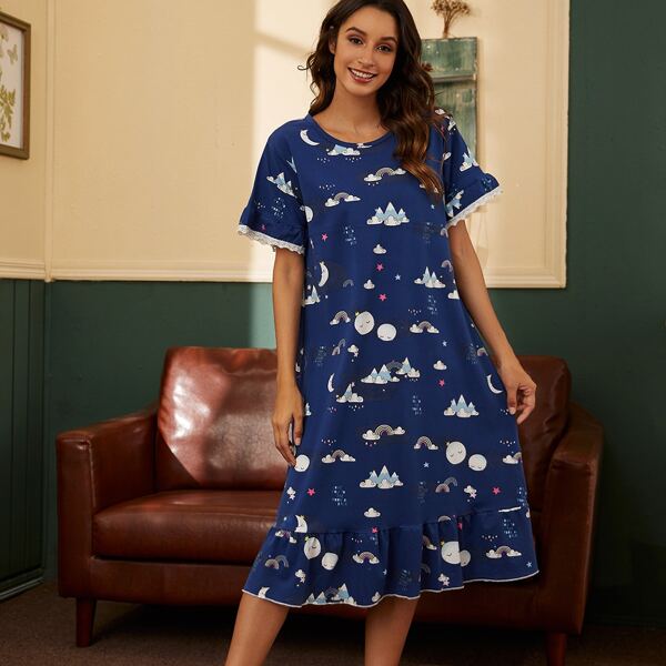 

Lace Panel Ruffle Hem Cartoon Graphic Sleep Dress, Navy blue