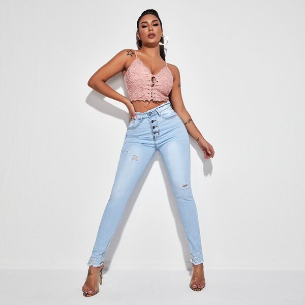 

Raw Hem Ripped Skinny Jeans, Light wash