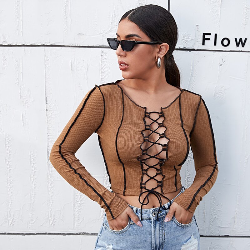 

Lace Up Front Slim Crop Tee, Brown