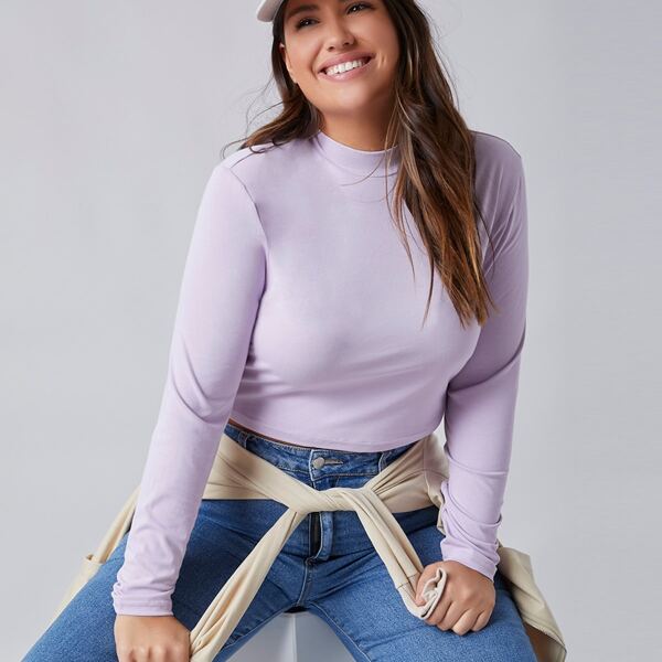 

Plus Solid Stand Collar Crop Tee, Lilac purple