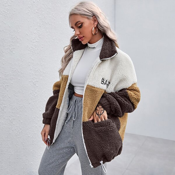 

Zip Up Letter Embroidery Drawstring Hem Colorblock Teddy Coat, Multicolor