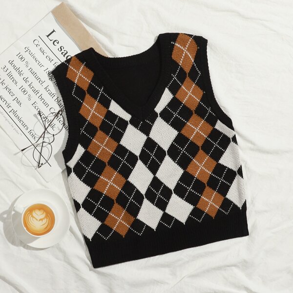 

V Neck Argyle Sweater Vest, Black