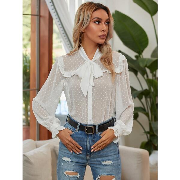 

Tie Neck Swiss Dot Sheer Chiffon Blouse, White