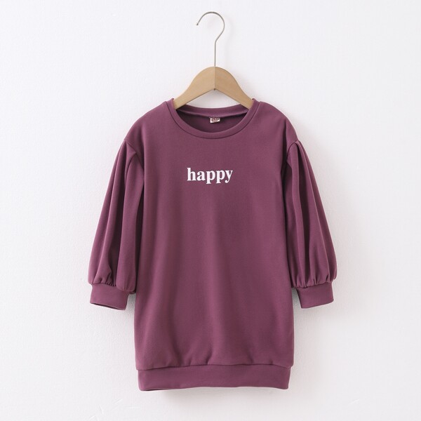 

Toddler Girls Letter Graphic Lantern Sleeve Longline Sweatshirt, Mauve purple