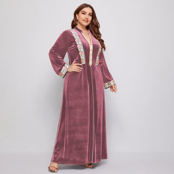 

Plus Guipure Lace Panel Notched Neck Tunic Dress, Mauve purple