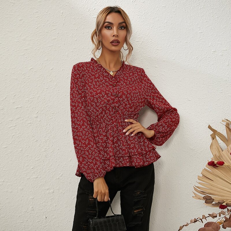 

Ditsy Floral Frill Trim Peplum Blouse, Rose red