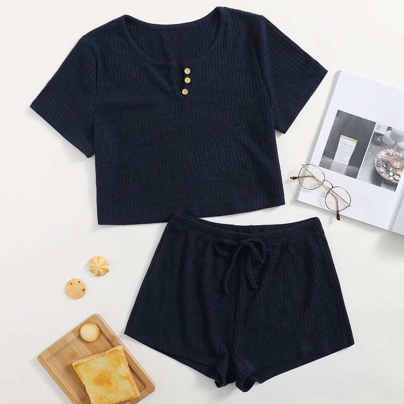 

Solid Button Detail Ribbed Lounge Set, Navy blue