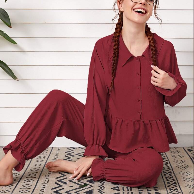 

Doll Collar Ruffle Hem PJ Set, Burgundy