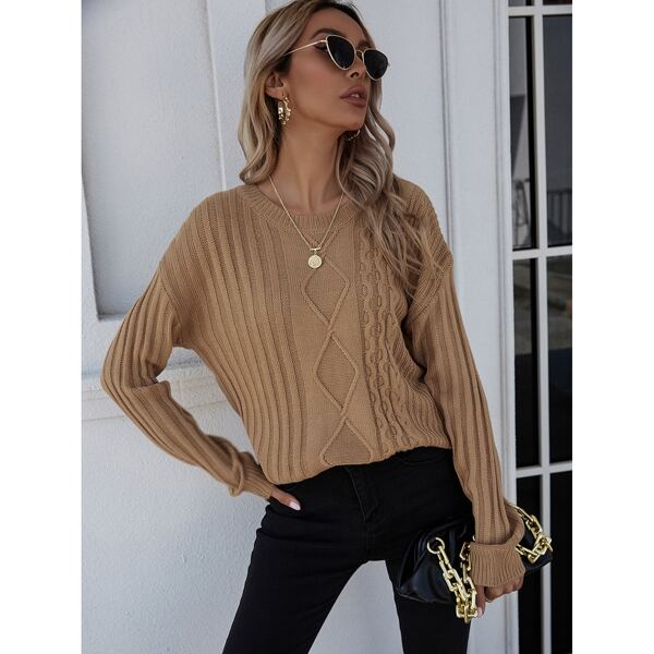 

Ribbed Knit Drop Shoulder Sweater, Khaki