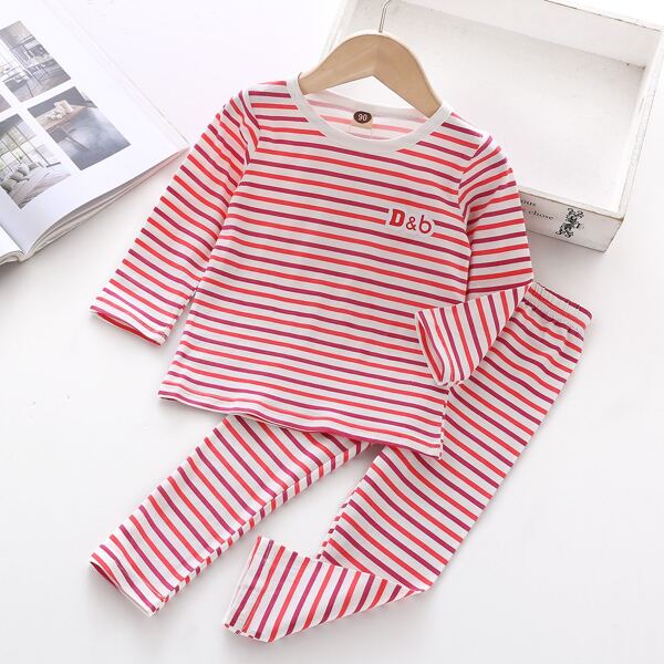 

Toddler Girls Striped Letter Graphic Pajama Set, Red and white