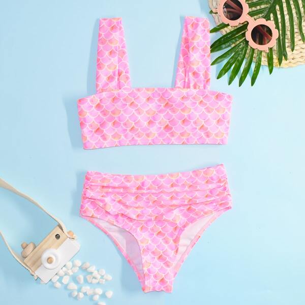 

Girls Fish Scales Ruched Bikini Swimsuit, Pink