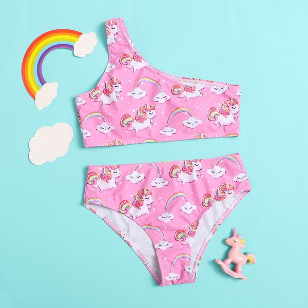 

Girls Unicorn Print One Shoulder Bikini Swimsuit, Pink