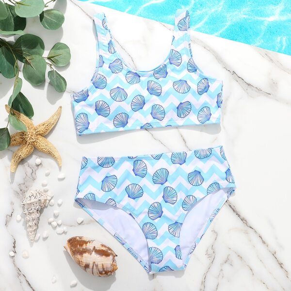 

Girls Shell & Chevron Print Bikini Swimsuit, Blue and white