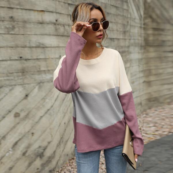 

Drop Shoulder Colorblock Waffle Knit Tee, Multicolor