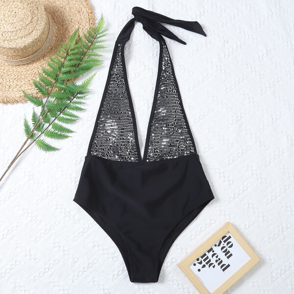

Contrast Sequin Plunging One Piece Swimsuit, Black