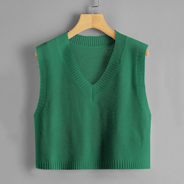 

V-neck Solid Crop Sweater Vest, Green