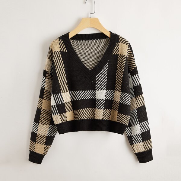 

Plaid V-neck Drop Shoulder Sweater, Multicolor