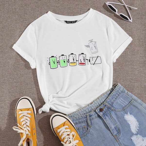 

Cartoon Graphic Round Neck Tee, White