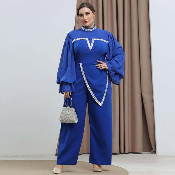 

Plus Pearls Beaded Contrast Sequin Flounce Sleeve Jumpsuit, Blue