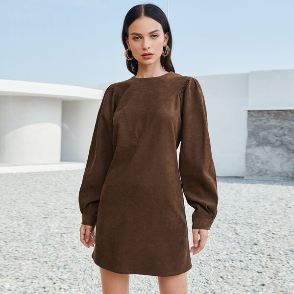 

Lantern Sleeve Suede Dress, Coffee brown