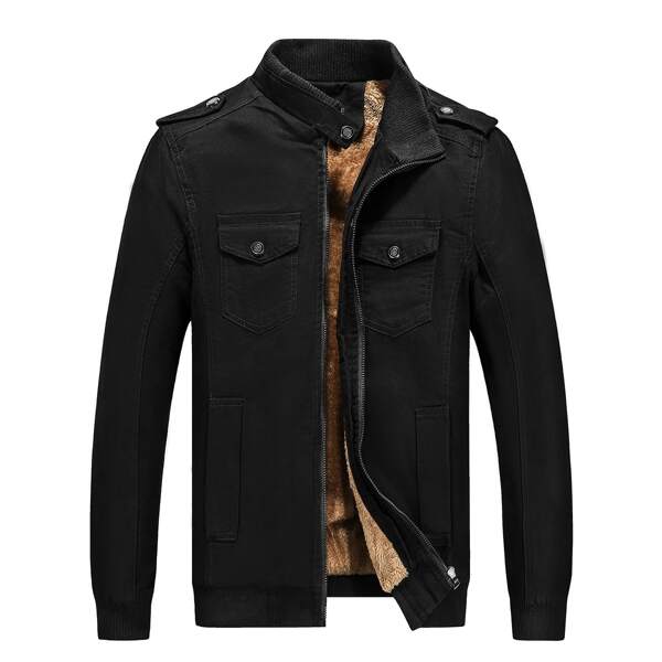 

Men Flap Pocket Zip Up Flannel Lined Jacket, Black
