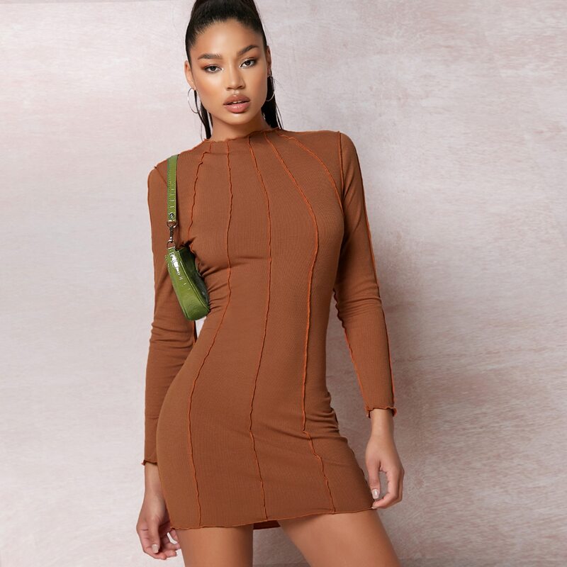 

Lettuce Trim Bodycon Dress, Brown