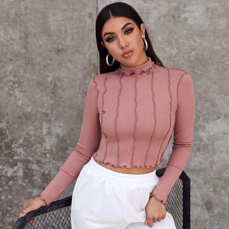 

Lettuce Trim High Neck Crop Tee, Dusty pink