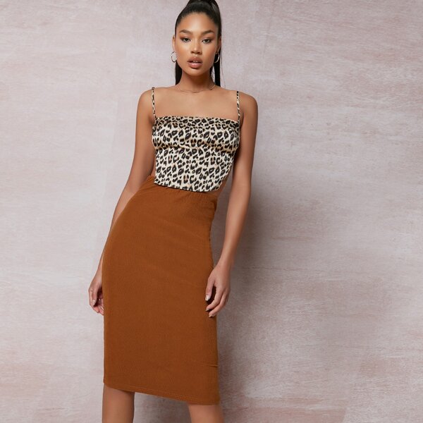 

Solid Pencil Cord Skirt, Brown
