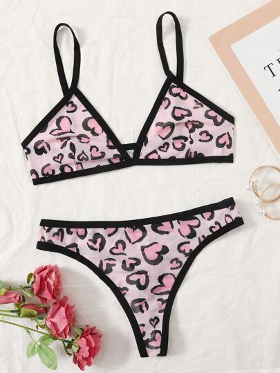 Heart Print Contrast Binding Lingerie Set