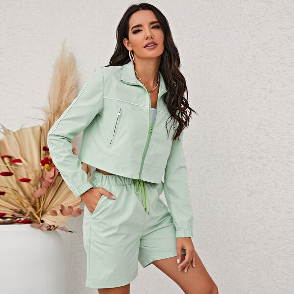 

Contrast Stitch Zip Up Jacket & Drawstring Shorts Set, Mint green