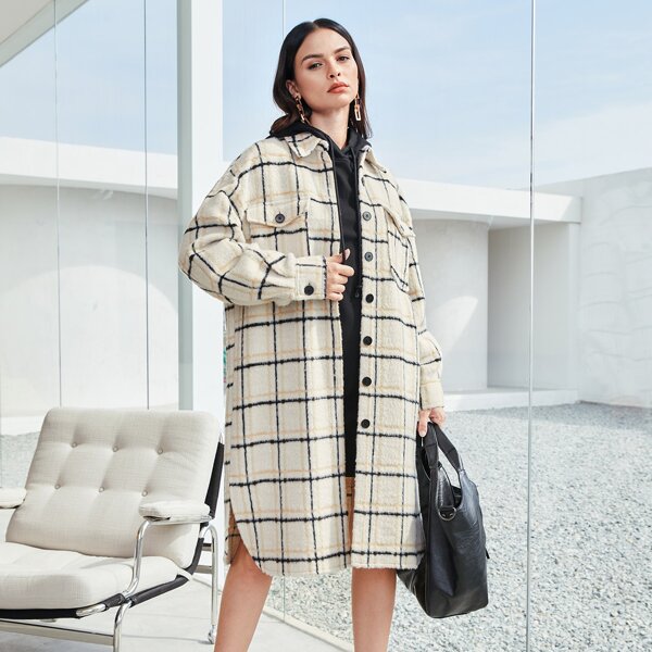 

Drop Shoulder Button Up Plaid Tweed Overcoat, Khaki
