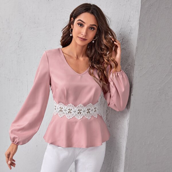 

Lantern Sleeve Guipure Lace Insert Top, Dusty pink