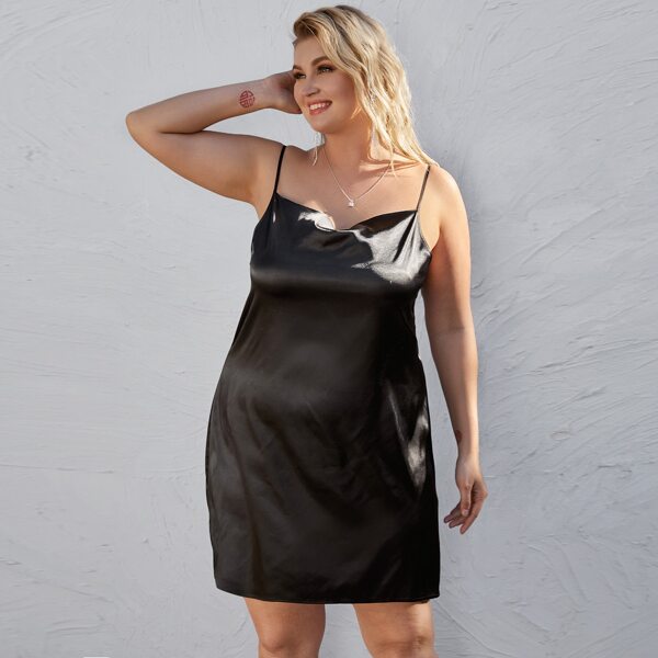 

Plus Satin Solid Cami Dress, Black
