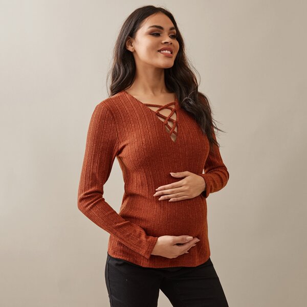 

Maternity Crisscross Print Rib-knit Tee, Burnt orange