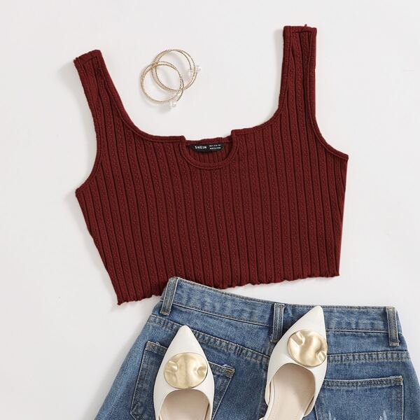 

Notched Neck Lettuce Trim Crop Tank Top, Maroon