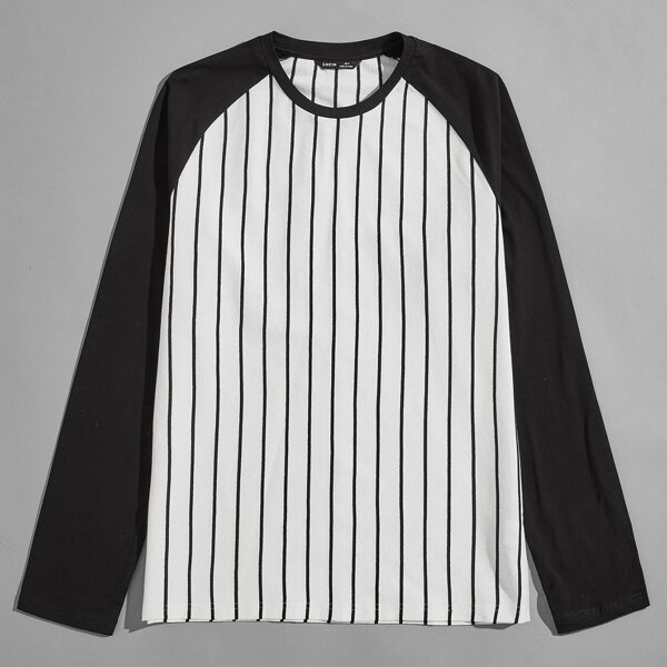 

Men Raglan Sleeve Colorblock Striped Tee, Black and white