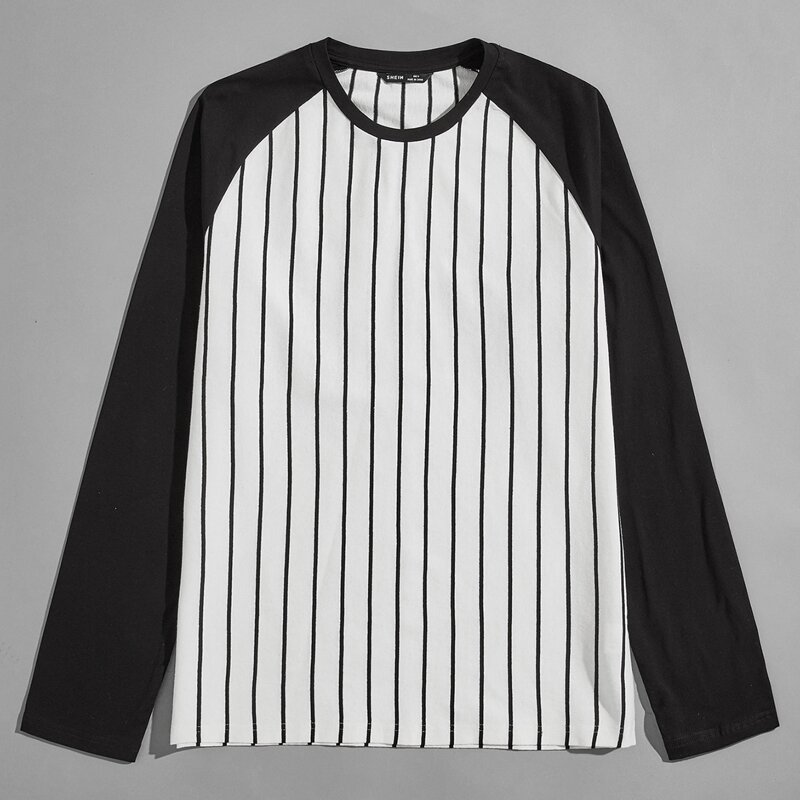 

Men Raglan Sleeve Colorblock Striped Tee, Black and white
