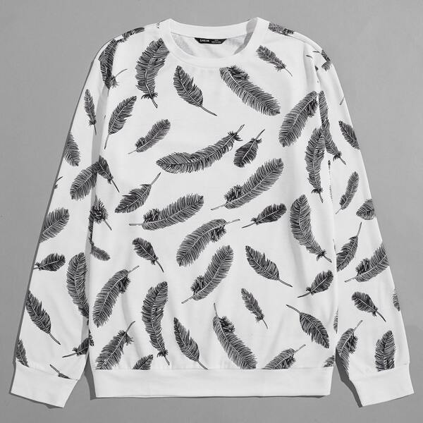 

Men Allover Feather Print Pullover, White