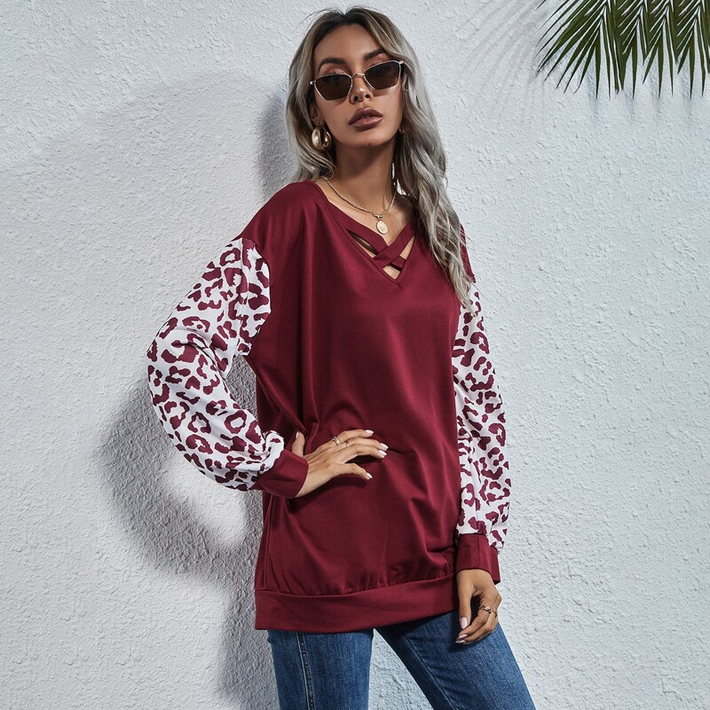 

Crisscross Leopard Colorblock Oversized Pullover, Burgundy